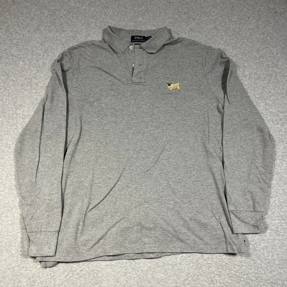 Polo Ralph Lauren Shirt Mens XL Gray Pug Dog Polo Long Sleeve Logo Collared Prep